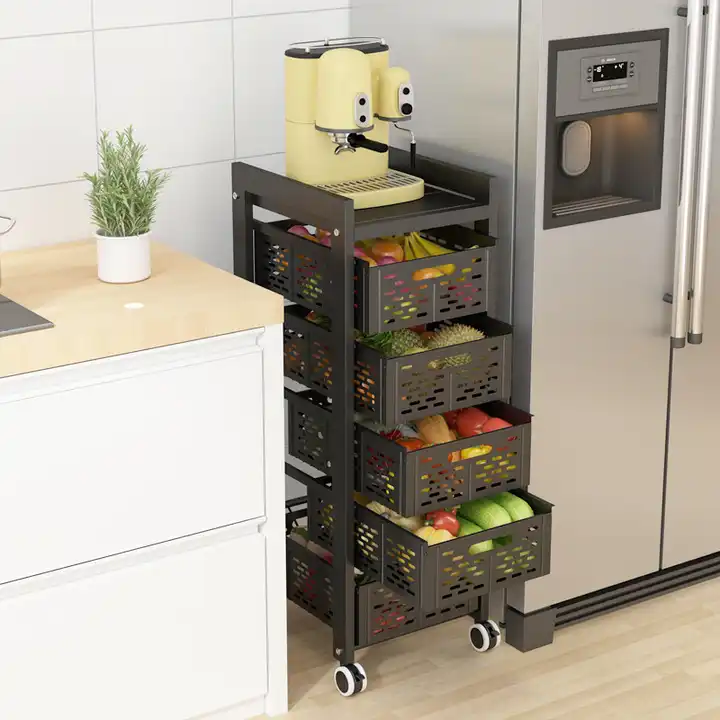 Multifunctional Metal Black Floor Movable With Sliding Black Fruit And Vegetable Storage Rack VL-0310