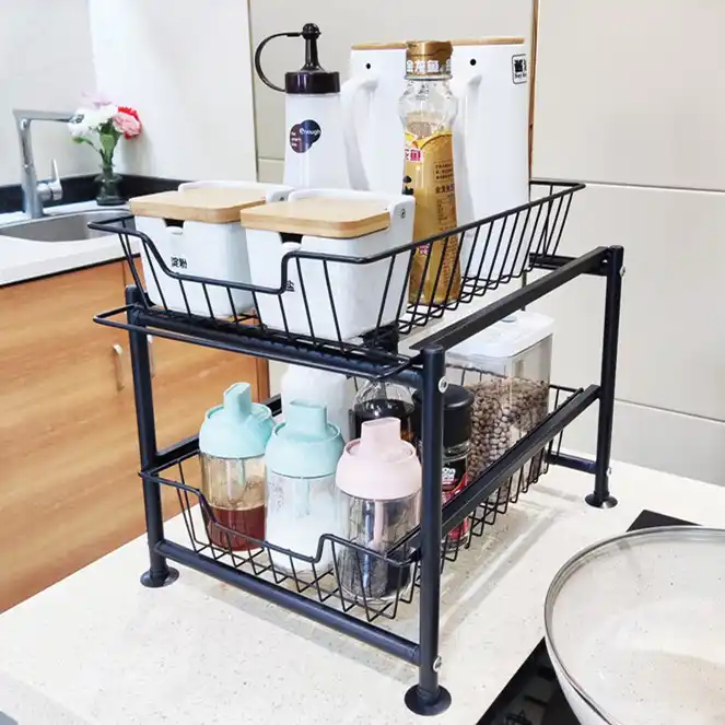 Factory direct double layer undersink multifunctional metal iron bar vegetable and fruit storage rack under sink organizer VL-0312
