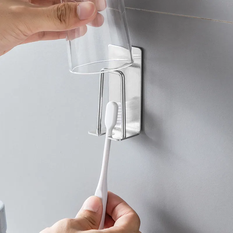 Stainless Steel Adhesive Wall Mounted Toothbrush Cup Holder with Minimalist Design for Bathroom VL-0038