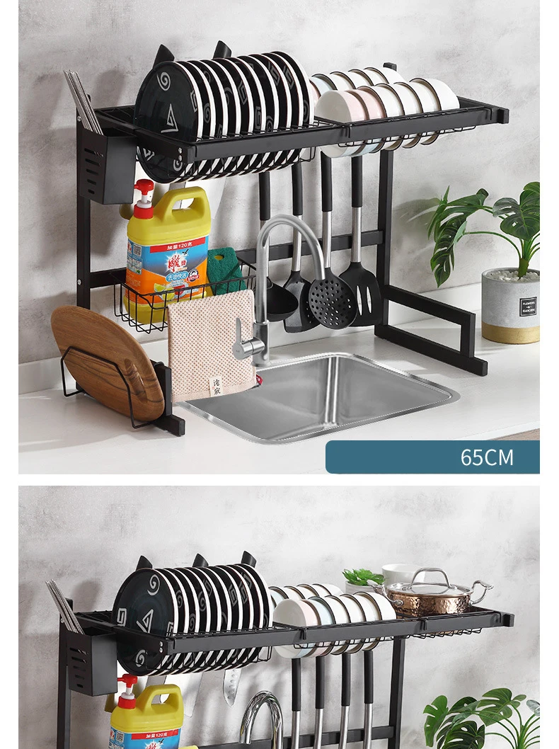 65CM Stainless Steel Dish Drying Rack Adjustable Storage Shelves Multifunction Kitchen Organizer Rack VL-0096
