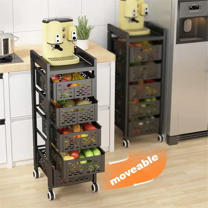 Multifunctional Metal Black Floor Movable With Sliding Black Fruit And Vegetable Storage Rack VL-0310
