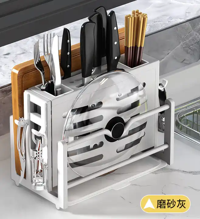Multifunctional Kitchen Organizer Rack Cutting Board, Knife,Pot Lid Holder,Countertop Kitchenware Rack with Draining Tray VL-0094