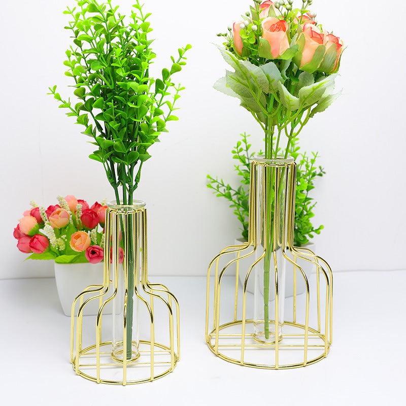 Wholesale Price Wrought Iron Hydroponic Green Dried Flower Vase Glass Flower Insert Decoration VL-0462