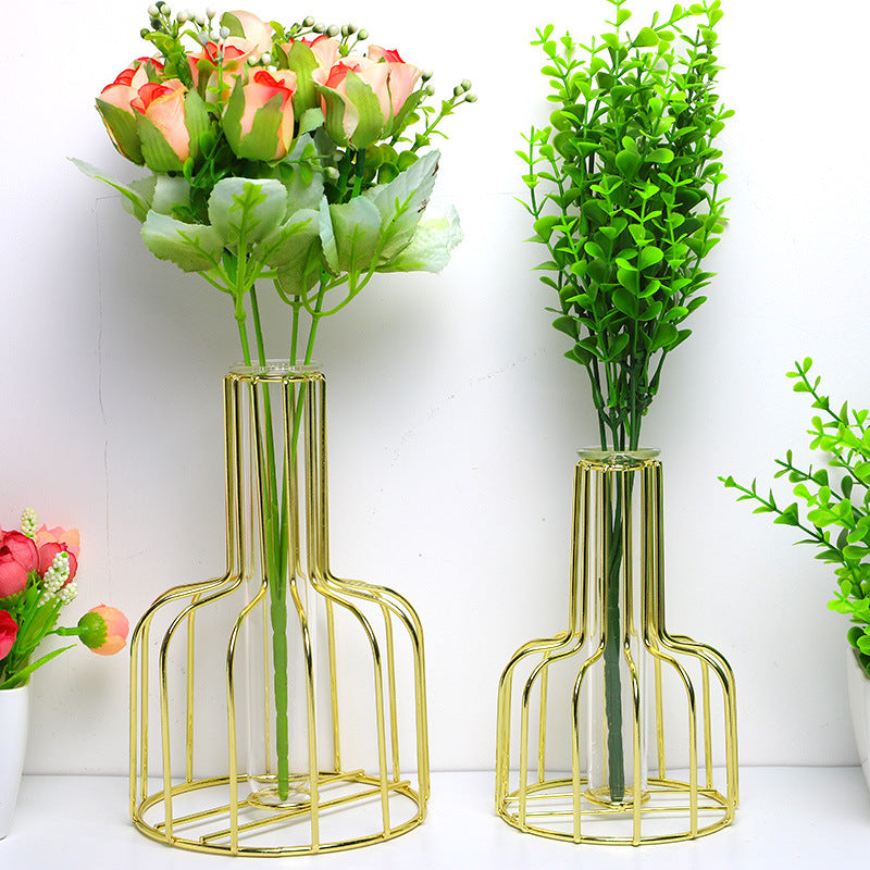 Wholesale Price Wrought Iron Hydroponic Green Dried Flower Vase Glass Flower Insert Decoration VL-0462