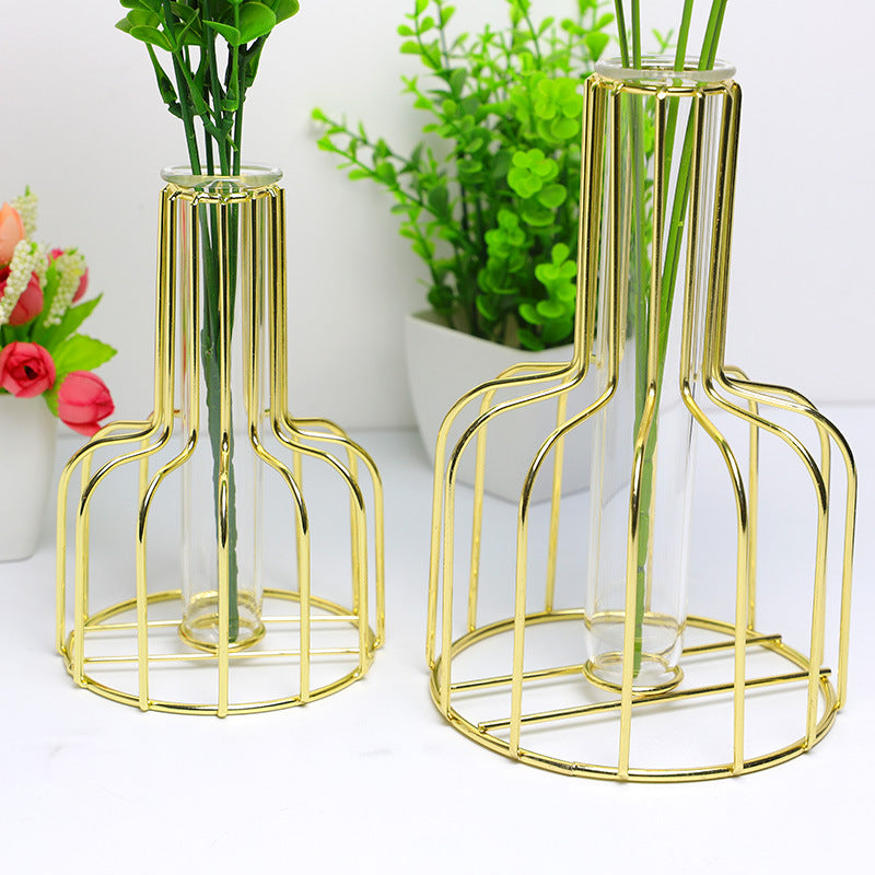 Wholesale Price Wrought Iron Hydroponic Green Dried Flower Vase Glass Flower Insert Decoration VL-0462