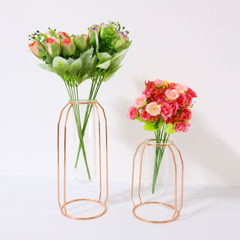 Hot Sell Nordic Creative Golden Hydroponic Plant Holder Iron Ornament Home Decoration Flower Glass Vase Decor VL-0463