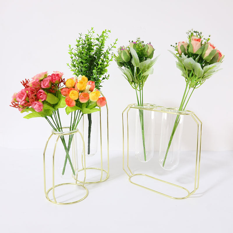 Hot Sell Nordic Creative Golden Hydroponic Plant Holder Iron Ornament Home Decoration Flower Glass Vase Decor VL-0463