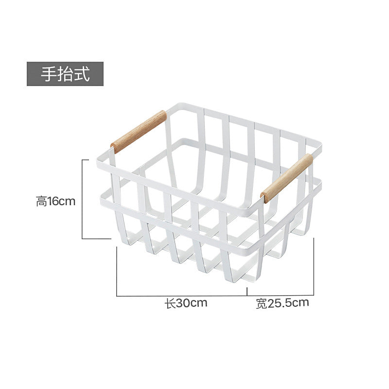 Metal Wire Food Organizer Storage Bin Basket with Wood Handles for Kitchen Cabinets VL-0379