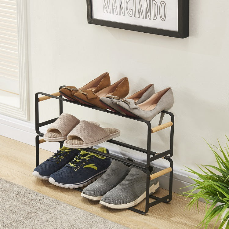 Multi-Layer Stackable Metal Wire Shoes Storage Rack With Wood Handle VL-0447