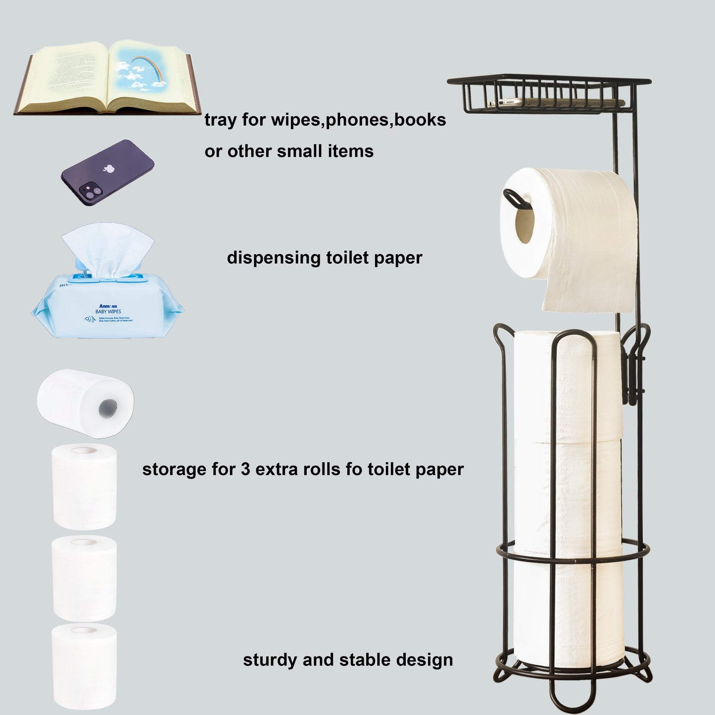 Floor Standing Toilet Tissue Roll Holder with Shelf for Bathroom VL-0321