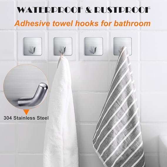 Heavy Duty Adhesive Towel Hooks Stick on Towel Holder Wall Hangers Waterproof Stainless Steel Sticky Hooks for Hanging Bathroom Kitchen VL-0009