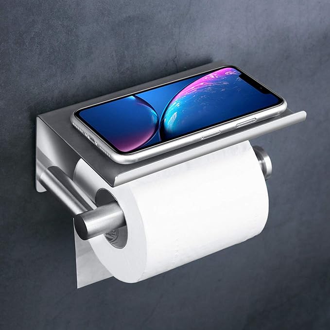 Toilet Paper Holder with Anti-Drop Larger Phone Shelf,Self Adhesive Toilet Paper Roll Holder for Bathroom,Stainless Steel Tissue Paper Holder,Wall Mounted with Adhesive Pad or Screws,Brushed VL-0003