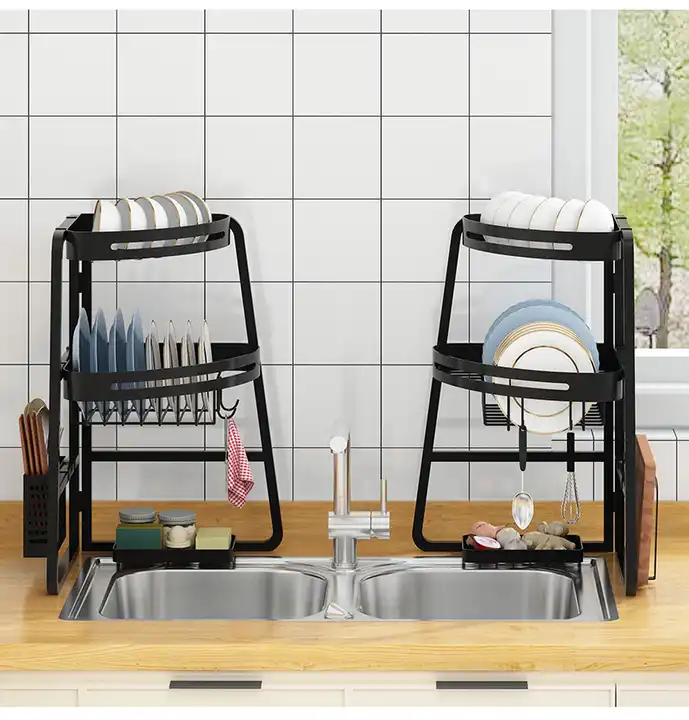 Black Over Sink Collapsible Dish Rack Multifunction Corner Triangle Shelving Spice Rack Draining rack VL-0386