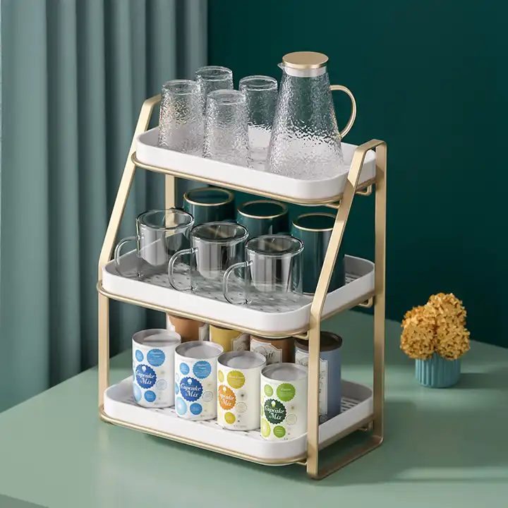 Nordic Household 3 Tier Storage Shelf Desktop Cup Organizer Metal Storage Rack With Drain Tray Kitchen Racks Storage VL-0237