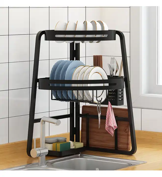 Black Over Sink Collapsible Dish Rack Multifunction Corner Triangle Shelving Spice Rack Draining rack VL-0386