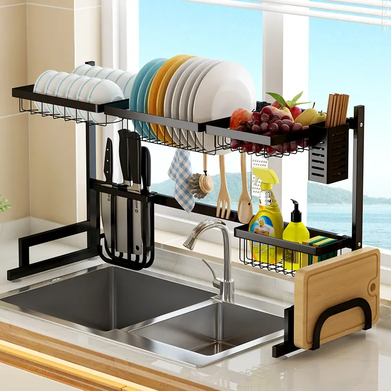 Adjustable Storage Rack Bowl Cups Spoon Stainless Steel Kitchen Multifunction Standing Dish Drying Rack for Kitchen Counter VL-0136