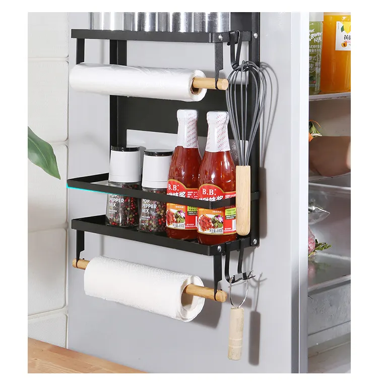 Best Good Sale Kitchen Rack with 2-Tier Magnetic Shelf-1 Paper Towel Roll Holders-4 Removable Hooks Magnetic Paper Towel Holder VL-0139