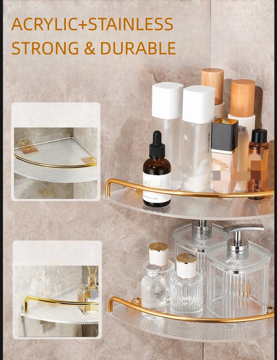 New Design Modern Gold Acrylic Alloy Rack Aluminum Single-layer Bathroom Corner Shelf Towel Bar VL-0078