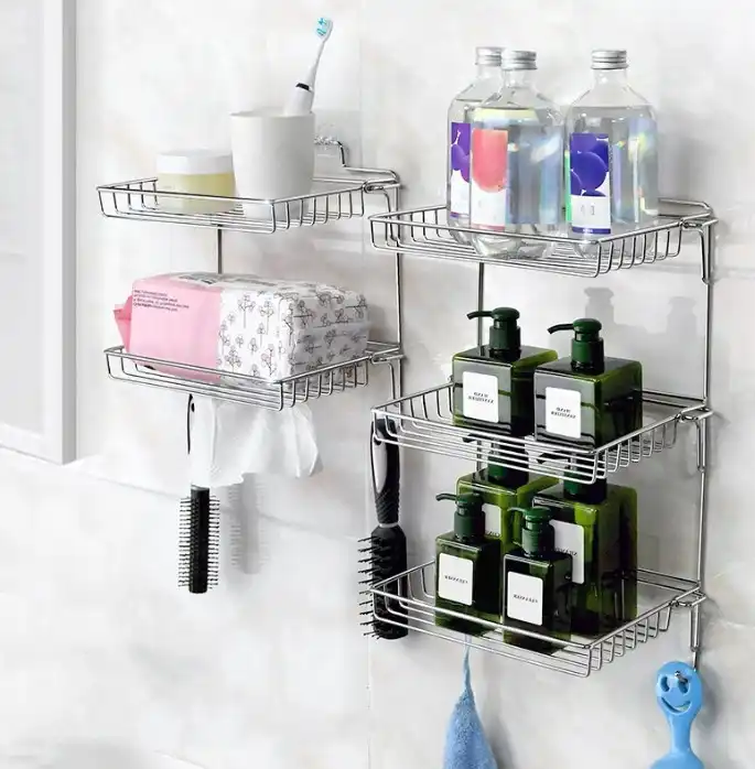 Wall Mounted Stainless Steel Foldable No Drilling Adhesive Hanging Bathroom Shampoo Soap Storage Organizer Shower Caddy VL-0201