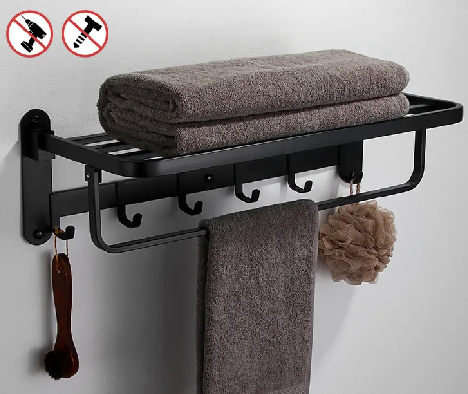 Modern No Drilling Self Adhesive Bath Towel Racks Bathroom Towel Roller Holder Foldable Square Black Towel Bars With Hooks VL-0055