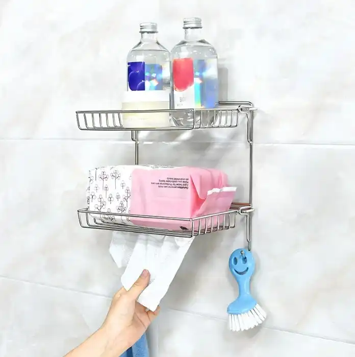 Wall Mounted Stainless Steel Foldable No Drilling Adhesive Hanging Bathroom Shampoo Soap Storage Organizer Shower Caddy VL-0201