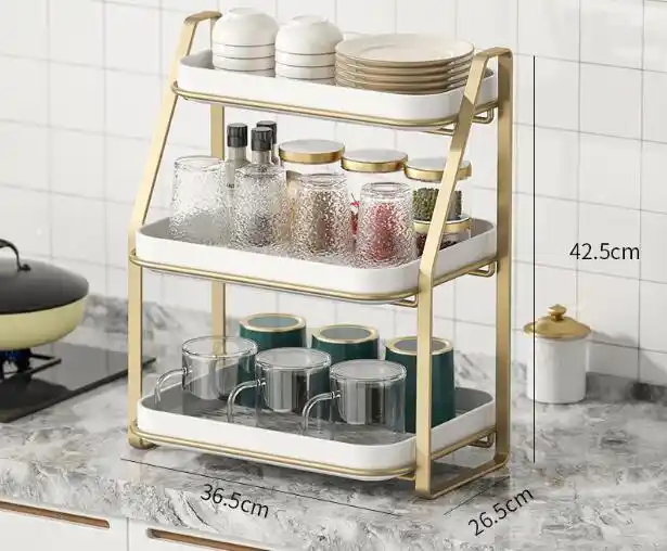 Nordic Household 3 Tier Storage Shelf Desktop Cup Organizer Metal Storage Rack With Drain Tray Kitchen Racks Storage VL-0237