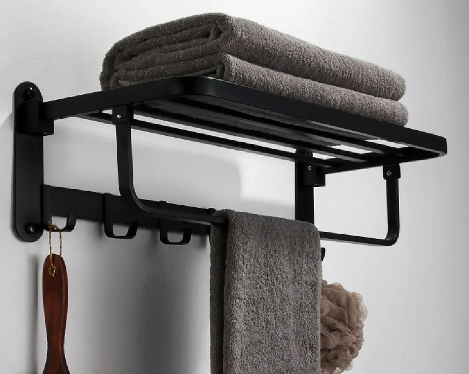 Modern No Drilling Self Adhesive Bath Towel Racks Bathroom Towel Roller Holder Foldable Square Black Towel Bars With Hooks VL-0055