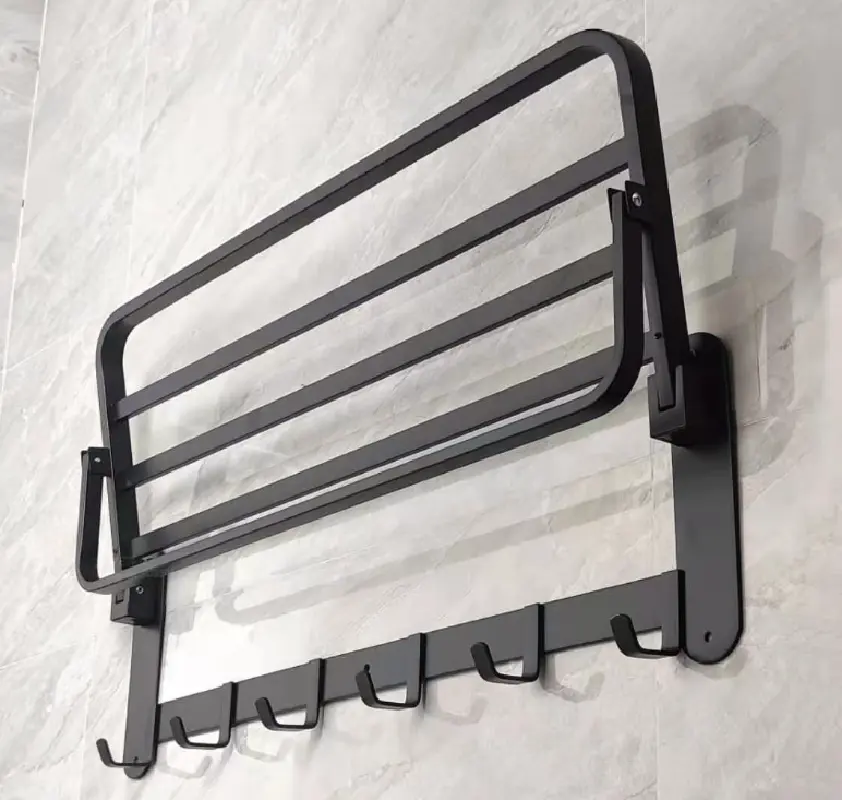 Modern No Drilling Self Adhesive Bath Towel Racks Bathroom Towel Roller Holder Foldable Square Black Towel Bars With Hooks VL-0055