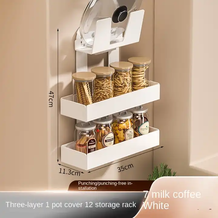 Kitchen Supplies White and black Wall Mounted Stainless Steel Spice Storage Rack and Pot Cover Rack VL-0152