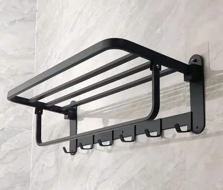 Modern No Drilling Self Adhesive Bath Towel Racks Bathroom Towel Roller Holder Foldable Square Black Towel Bars With Hooks VL-0055