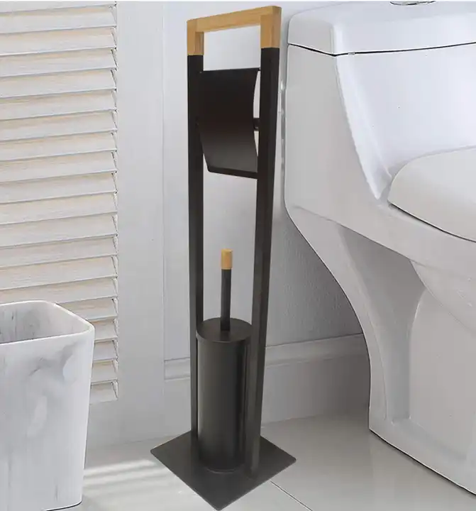 New Design Metal Black Toilet Paper Holder Stand for Bathroom Floor Standing Toilet Roll Dispenser and Toilet Brush Holder VL-0175