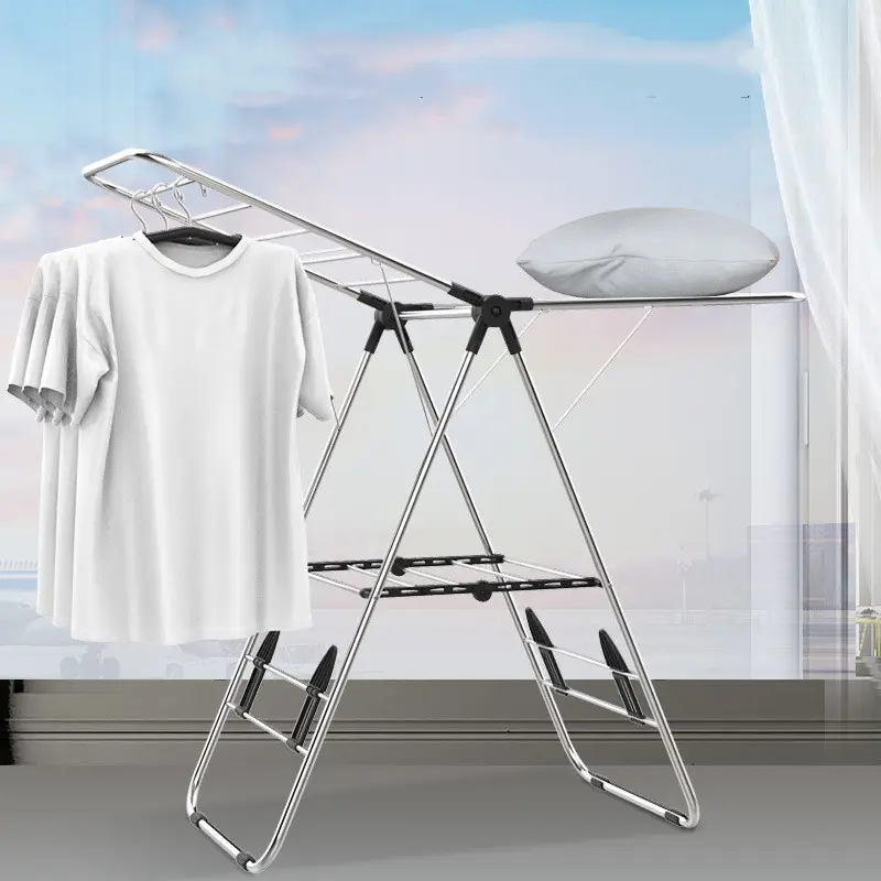 Household stainless steel balcony free installation multifunctional drying hanger retractable metal floor clothes drying rack VL-0120