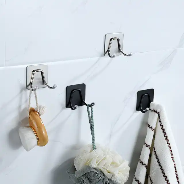 Stainless Steel Heavy Duty Adhesive Wall Mount Hooks for Kitchen Bathroom Double Hook VL-0028