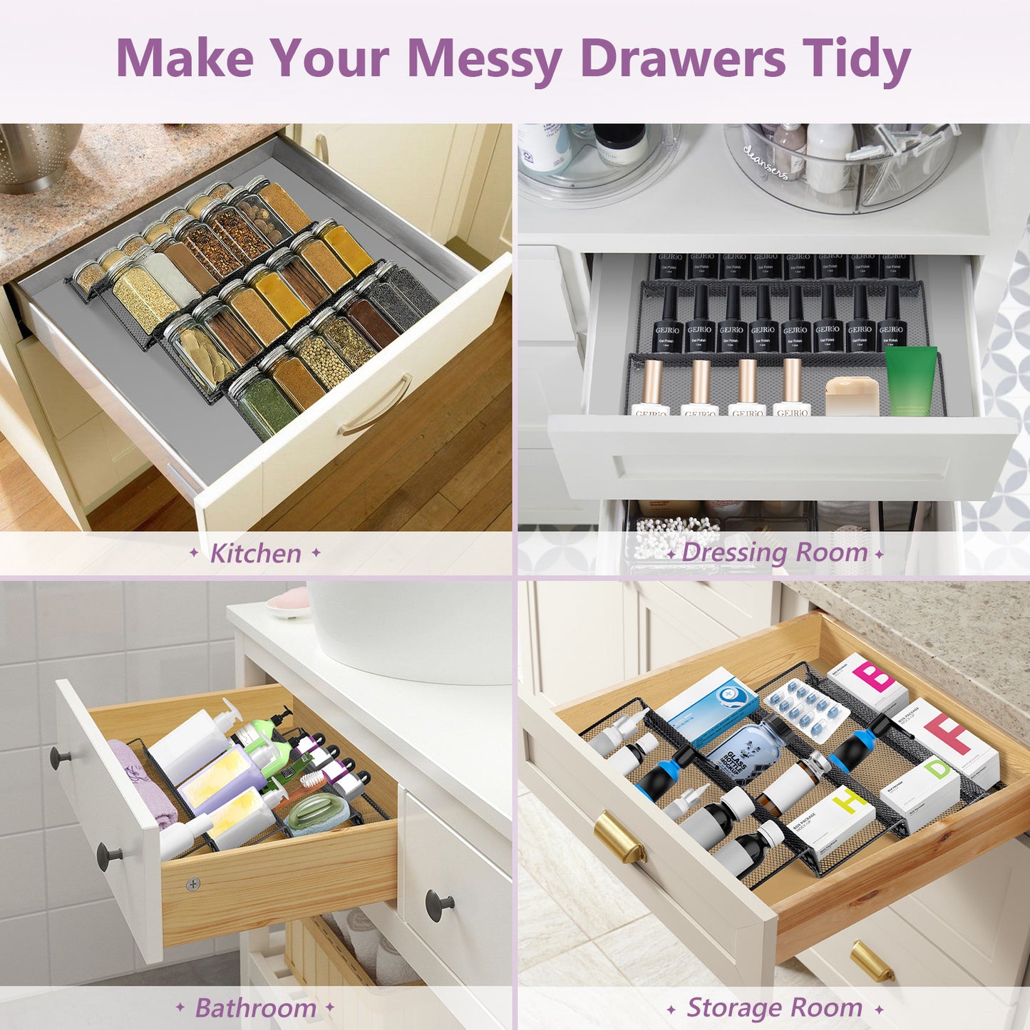 kitchen 4 Tier Adjustable expandable drawer insert spice rack organizer for drawer VL-0436