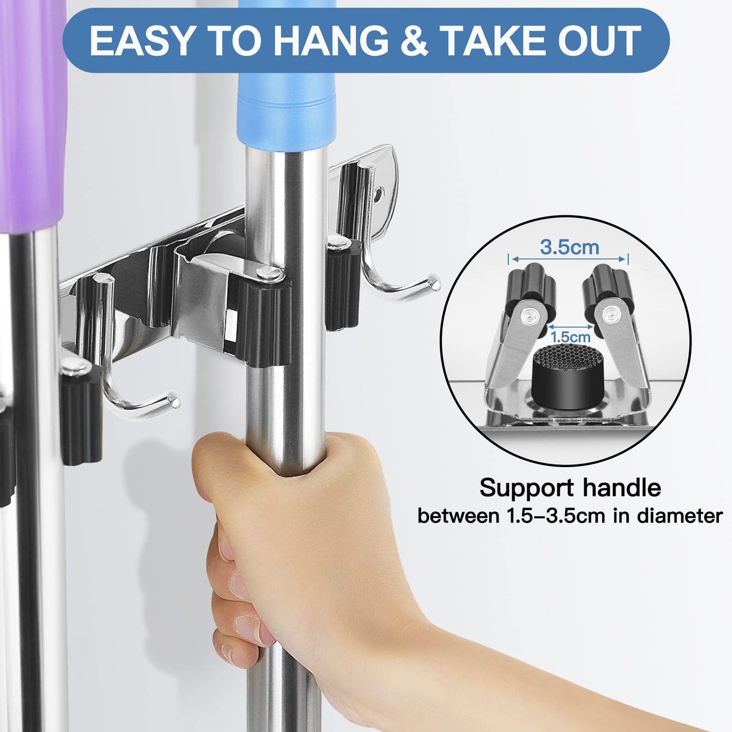 Stainless Steel Broom Holder Wall Mount Garden Tool Organizer Mop Hanger Wall Mounted Garage Storage Heavy Duty Hooks VL-0067