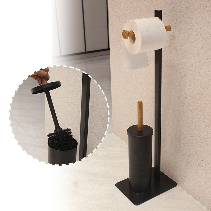 Best Selling athroom Standing bamboo handle Black Color Steel Freestanding Toilet Brush and Paper Holder VL-0174