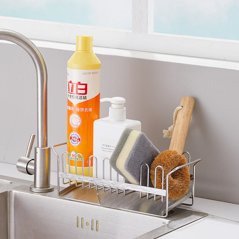 Stainless Steel Countertop Storage Rack Kitchen Sink Caddy Organizer Soap Dispenser Sponge Holder with Drain Tray VL-0223