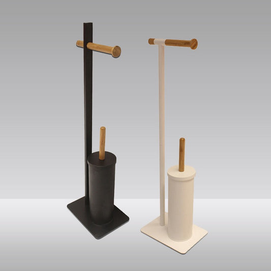 Best Selling athroom Standing bamboo handle Black Color Steel Freestanding Toilet Brush and Paper Holder VL-0174