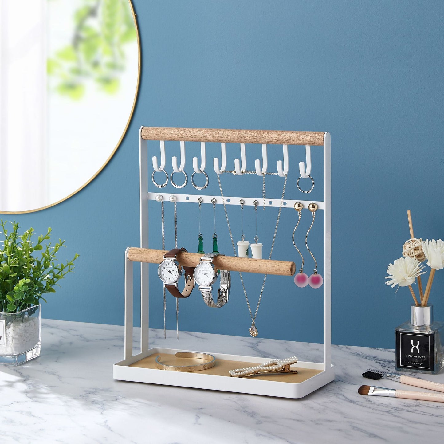 Hot sale Metal Table Jewelry Storage Display And Sundries Rack With Wooded Stick And Hook VL-0242